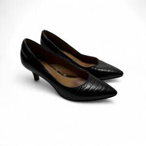 Clark’s Artisan Leather Crewso Black Croc Print Kitten Heels Womens Size 37 1/2